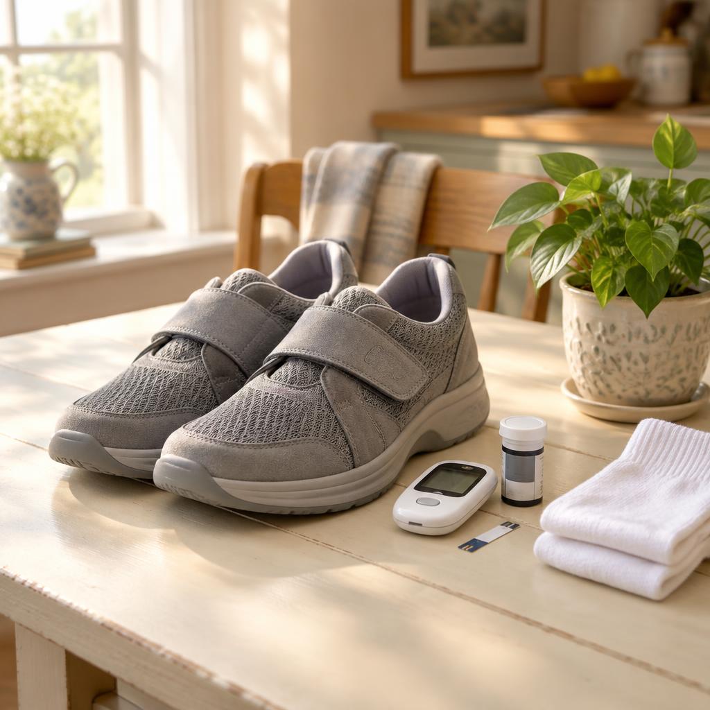 Diabetic walking shoes, socks, a glucose monitor and testing strips on a kitchen table