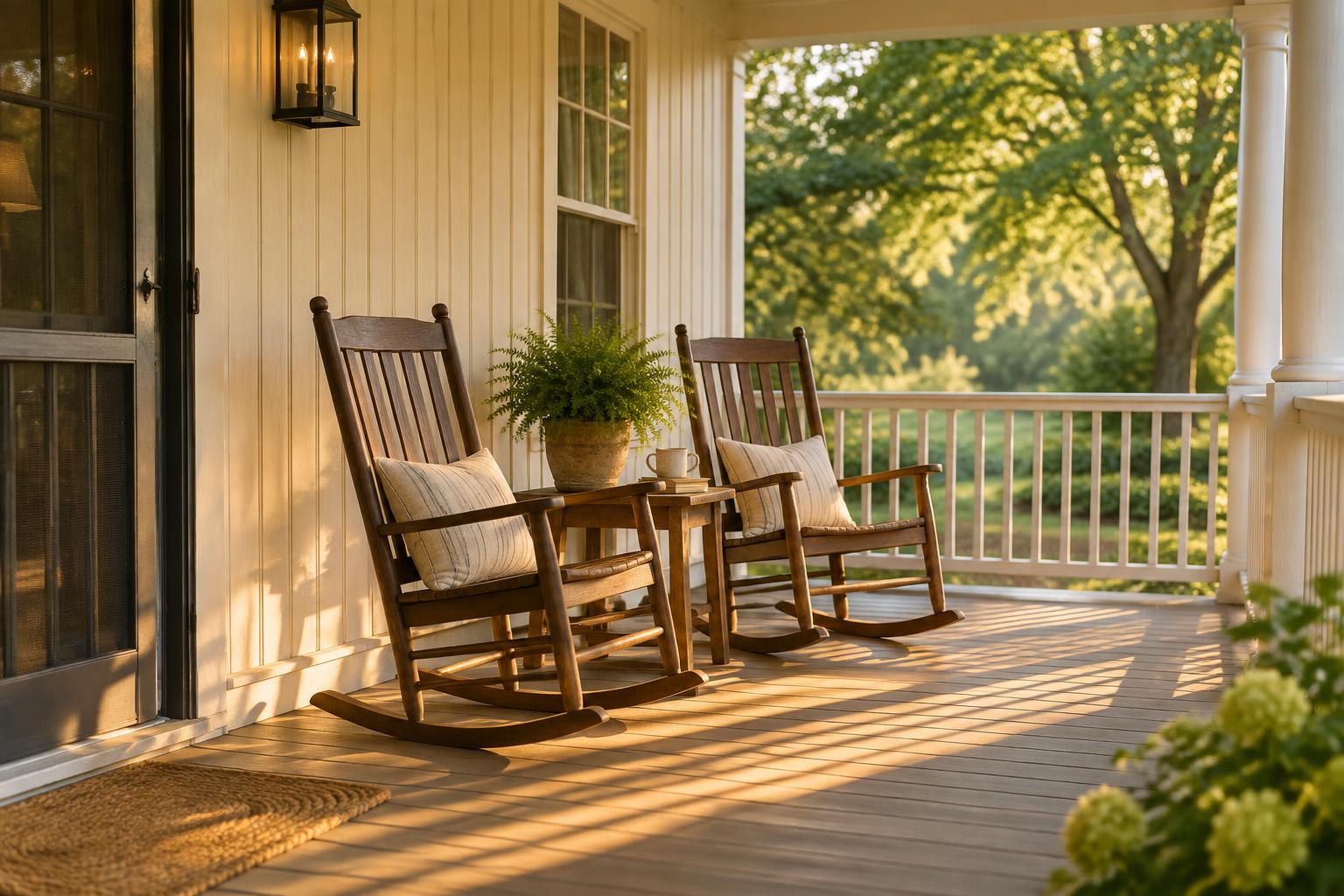 Two rocking chairs on a sunlit front porch with a fern between them